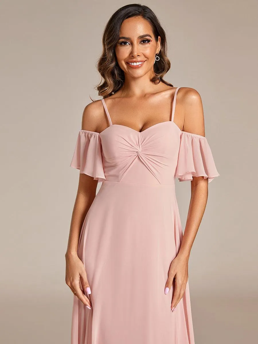 Robe de demoiselle d'honneur trapèze en mousseline de soie avec bretelles spaghetti et nœud