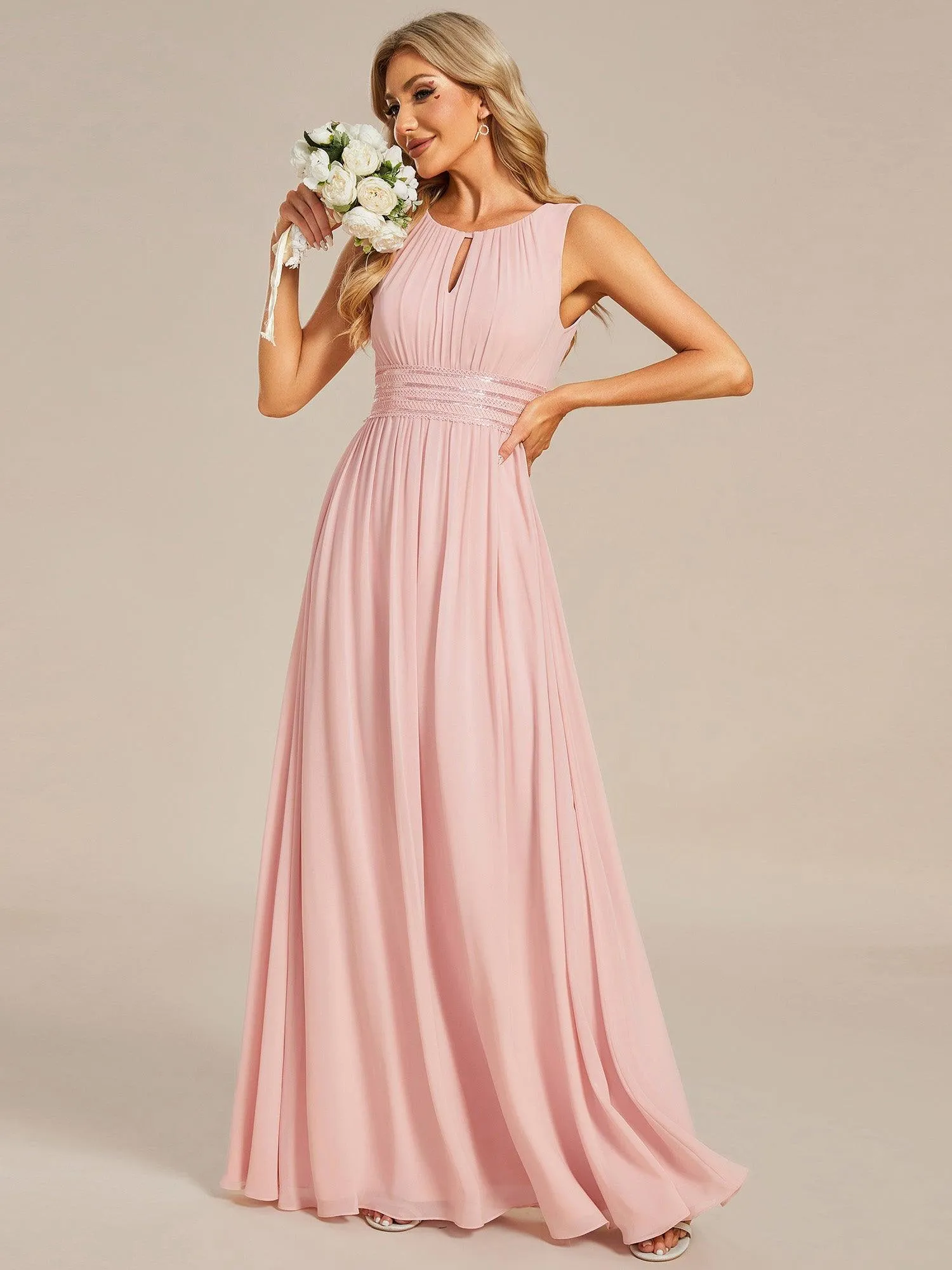 Robe De Demoiselle D'honneur Trapèze Simple Sans Manches En Mousseline Avec Détails Ajourés