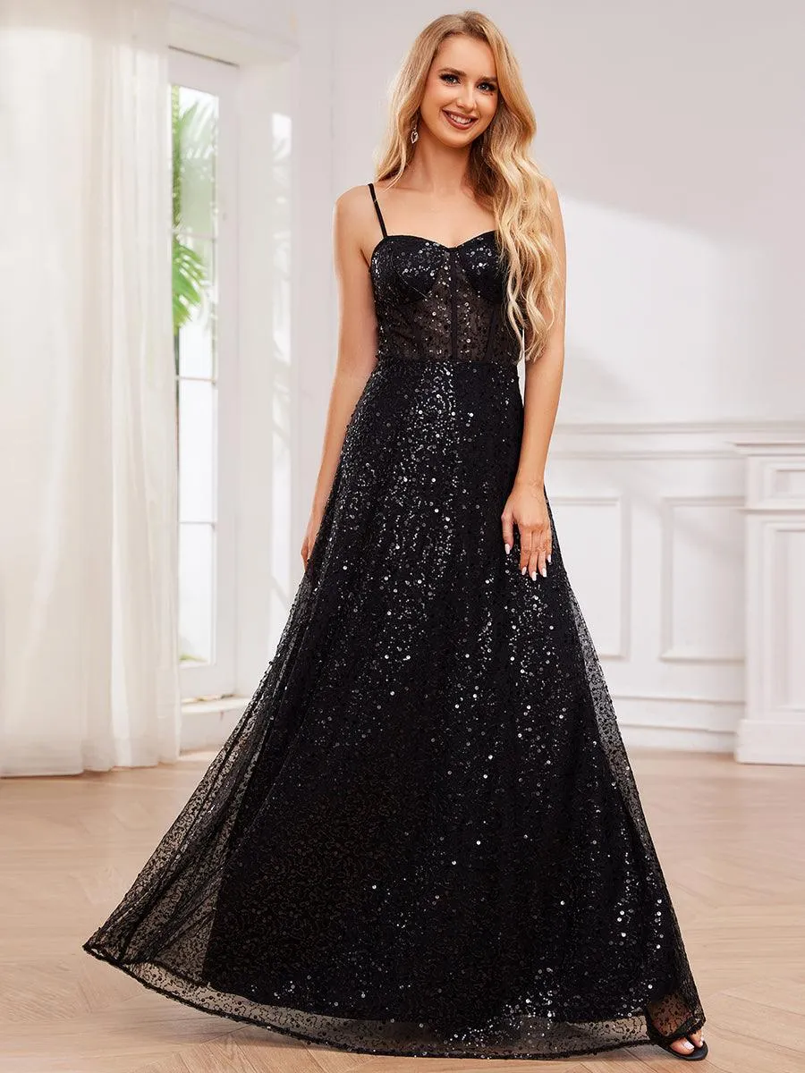 Robe de soirée élégante à bretelles spaghetti et sequins