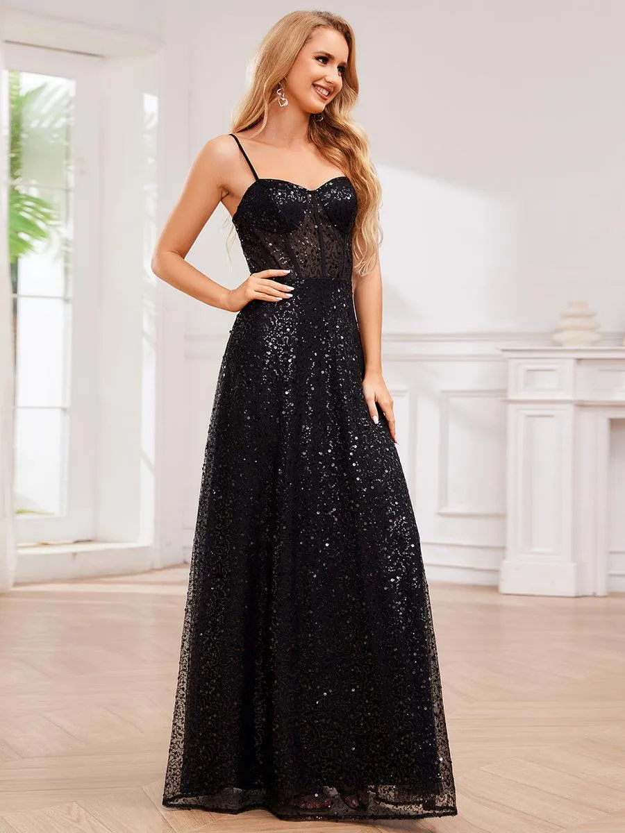 Robe de soirée élégante à bretelles spaghetti et sequins