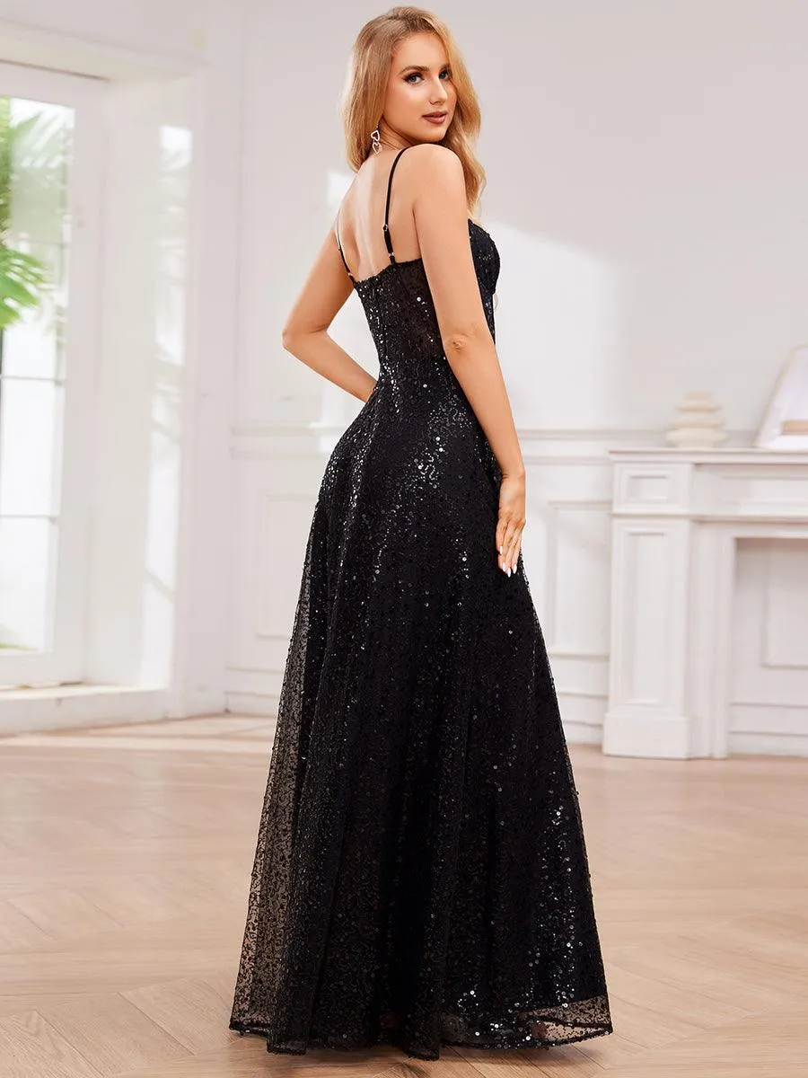 Robe de soirée élégante à bretelles spaghetti et sequins