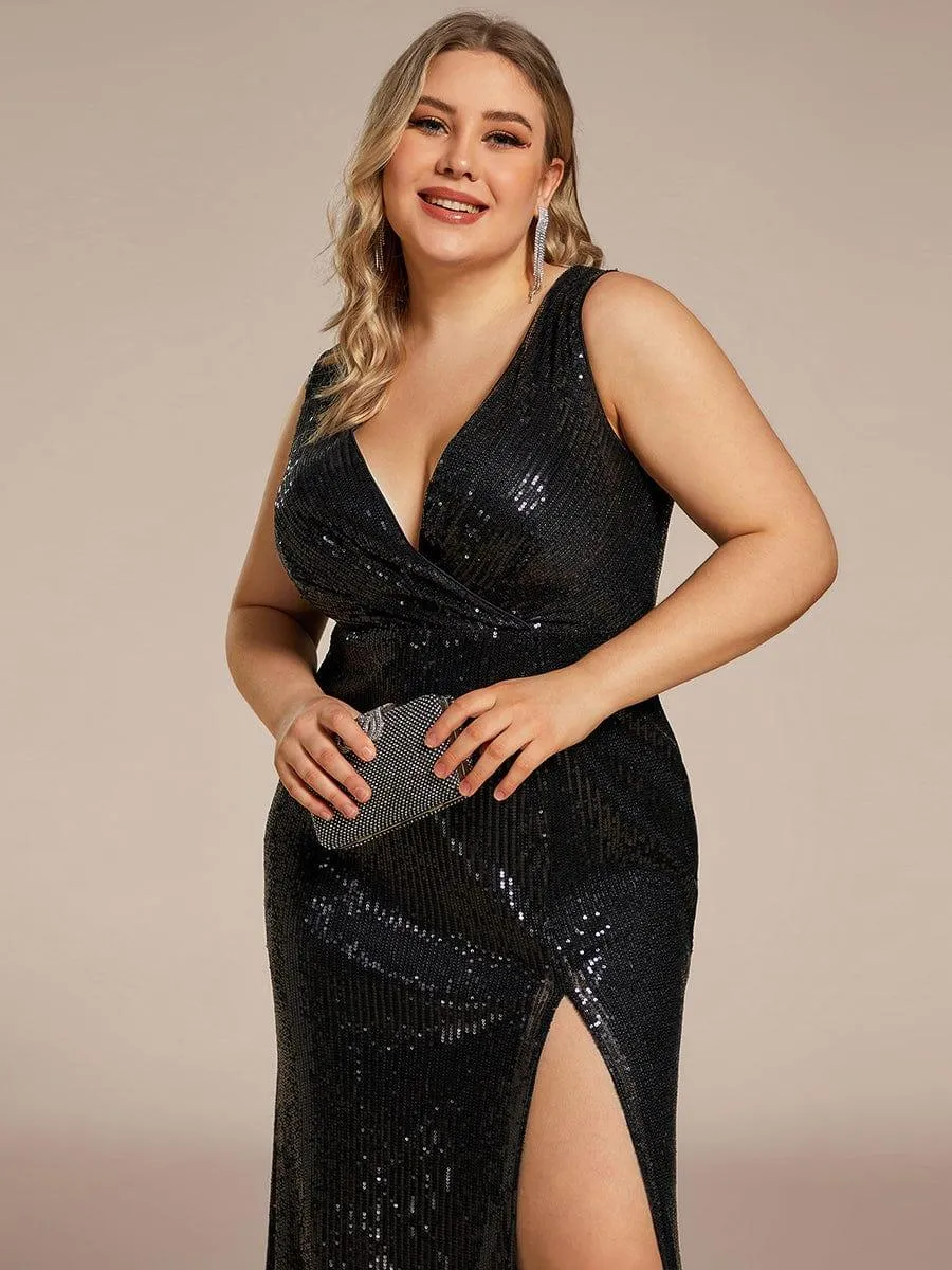 Robe de soirée scintillante Col en V profond Sequins sans manches(Vente finale)