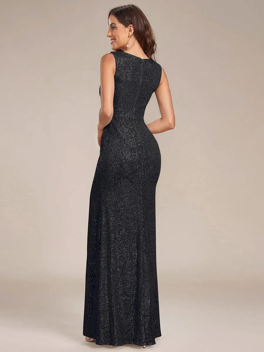 Robe de soirée scintillante Col en V profond Sequins sans manches(Vente finale)
