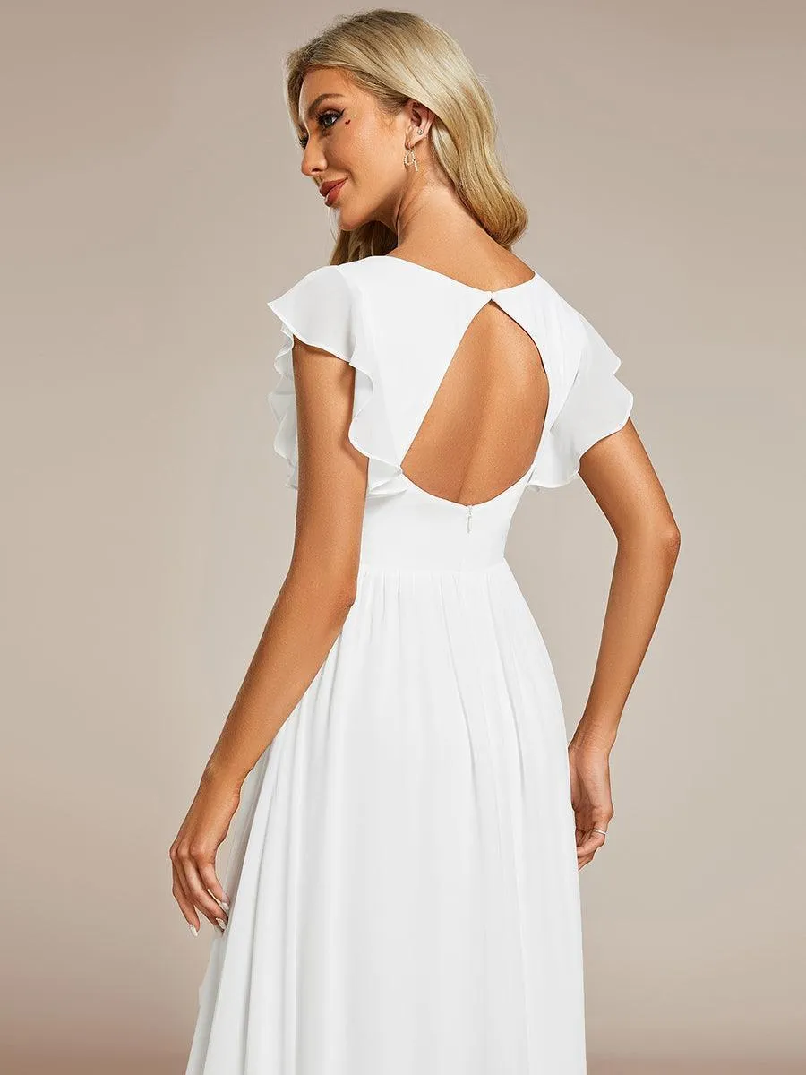 Robe demoiselle d'honneur en mousseline manches plissées avec découpe au dos