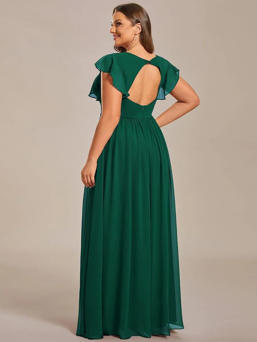 Robe demoiselle d'honneur en mousseline manches plissées avec découpe au dos
