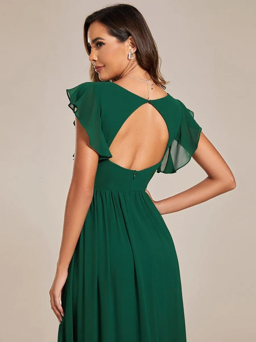 Robe demoiselle d'honneur en mousseline manches plissées avec découpe au dos
