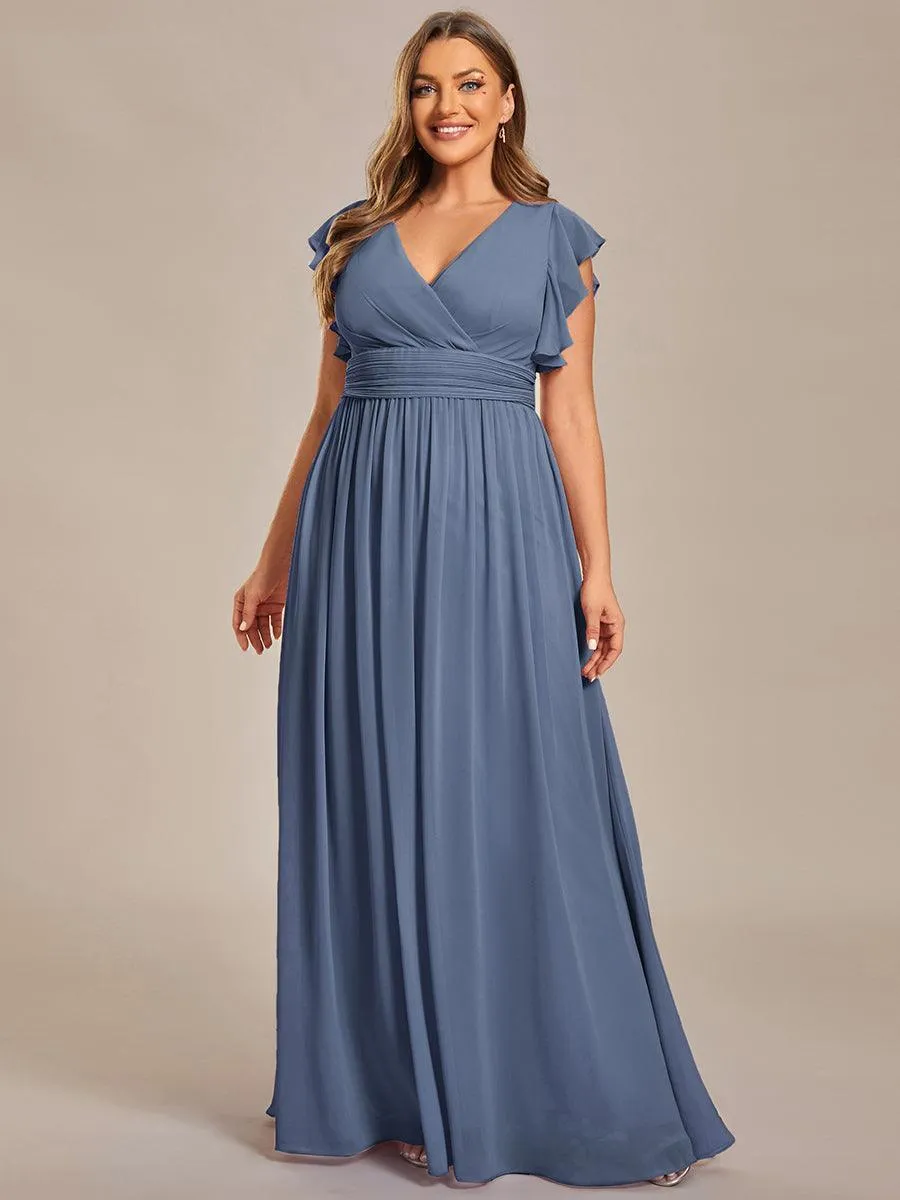 Robe demoiselle d'honneur en mousseline manches plissées avec découpe au dos