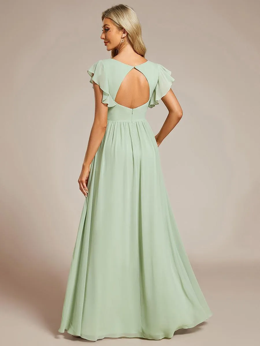 Robe demoiselle d'honneur en mousseline manches plissées avec découpe au dos