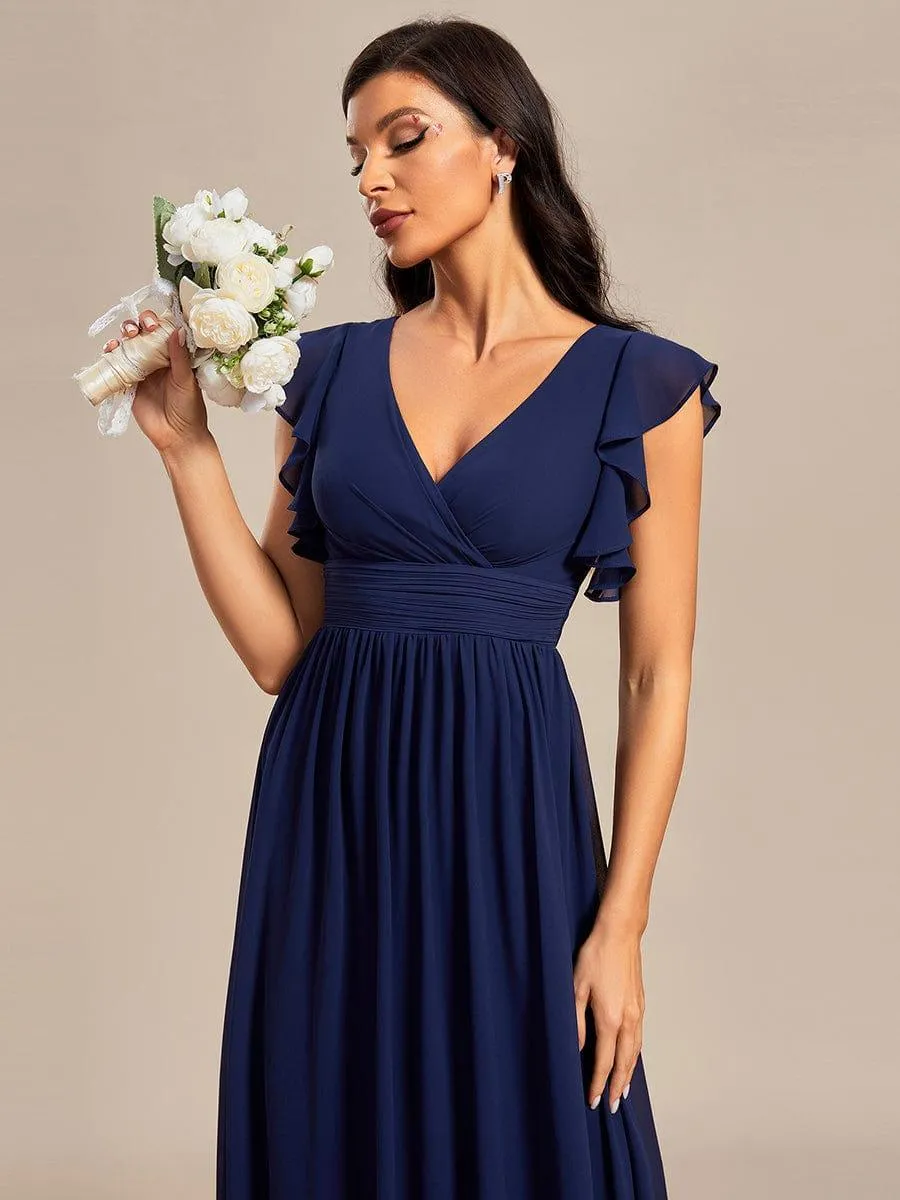 Robe demoiselle d'honneur en mousseline manches plissées avec découpe au dos