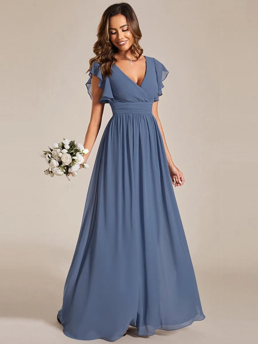 Robe demoiselle d'honneur en mousseline manches plissées avec découpe au dos