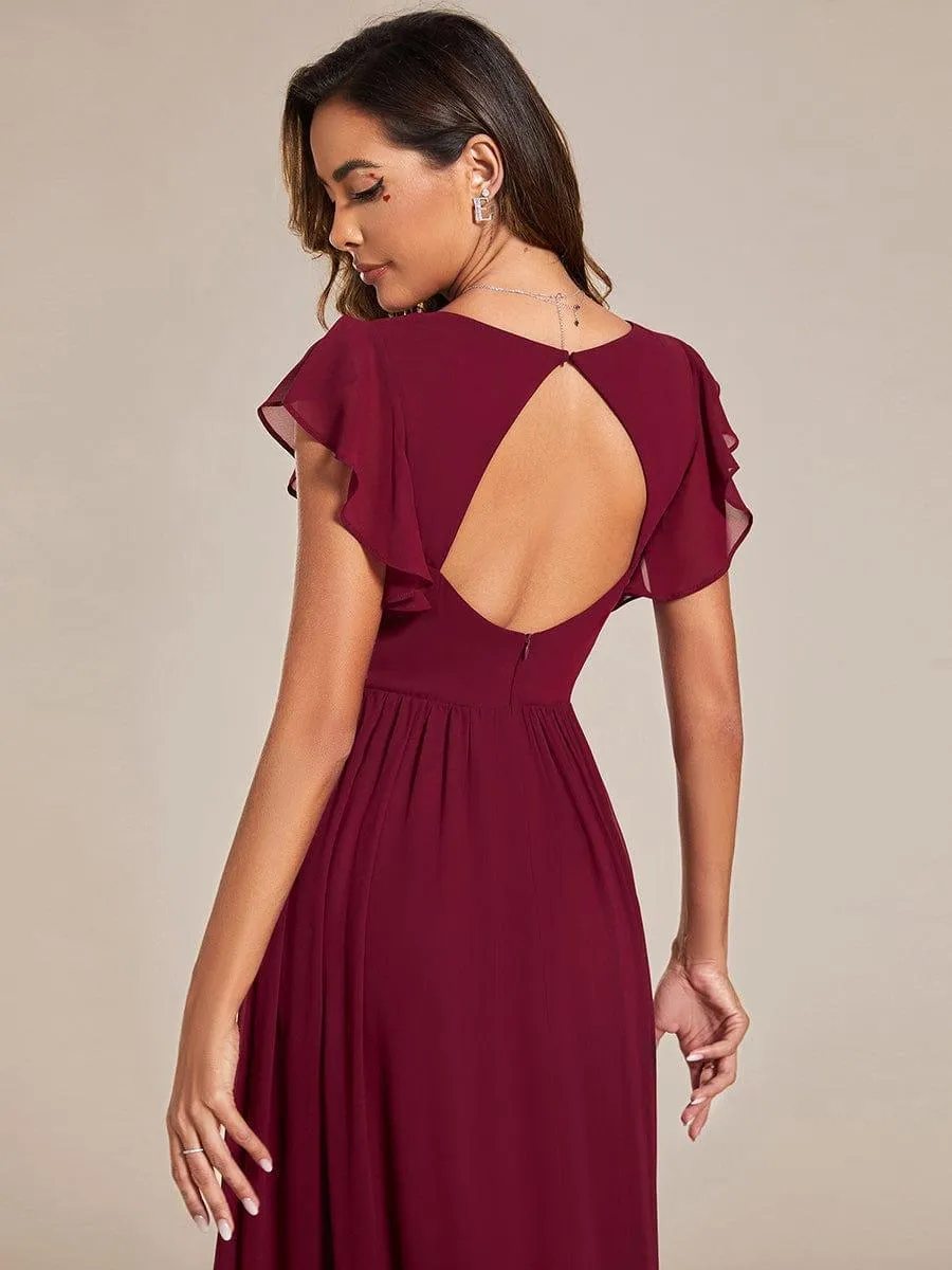 Robe demoiselle d'honneur en mousseline manches plissées avec découpe au dos
