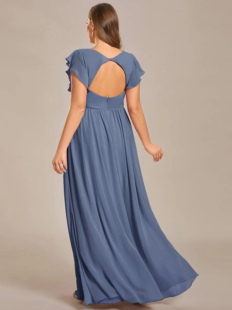 Robe demoiselle d'honneur en mousseline manches plissées avec découpe au dos
