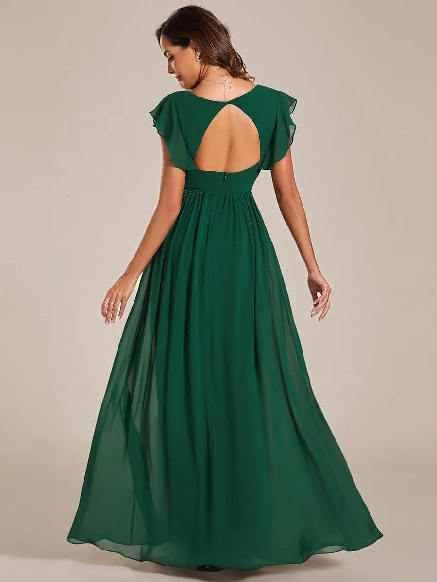 Robe demoiselle d'honneur en mousseline manches plissées avec découpe au dos