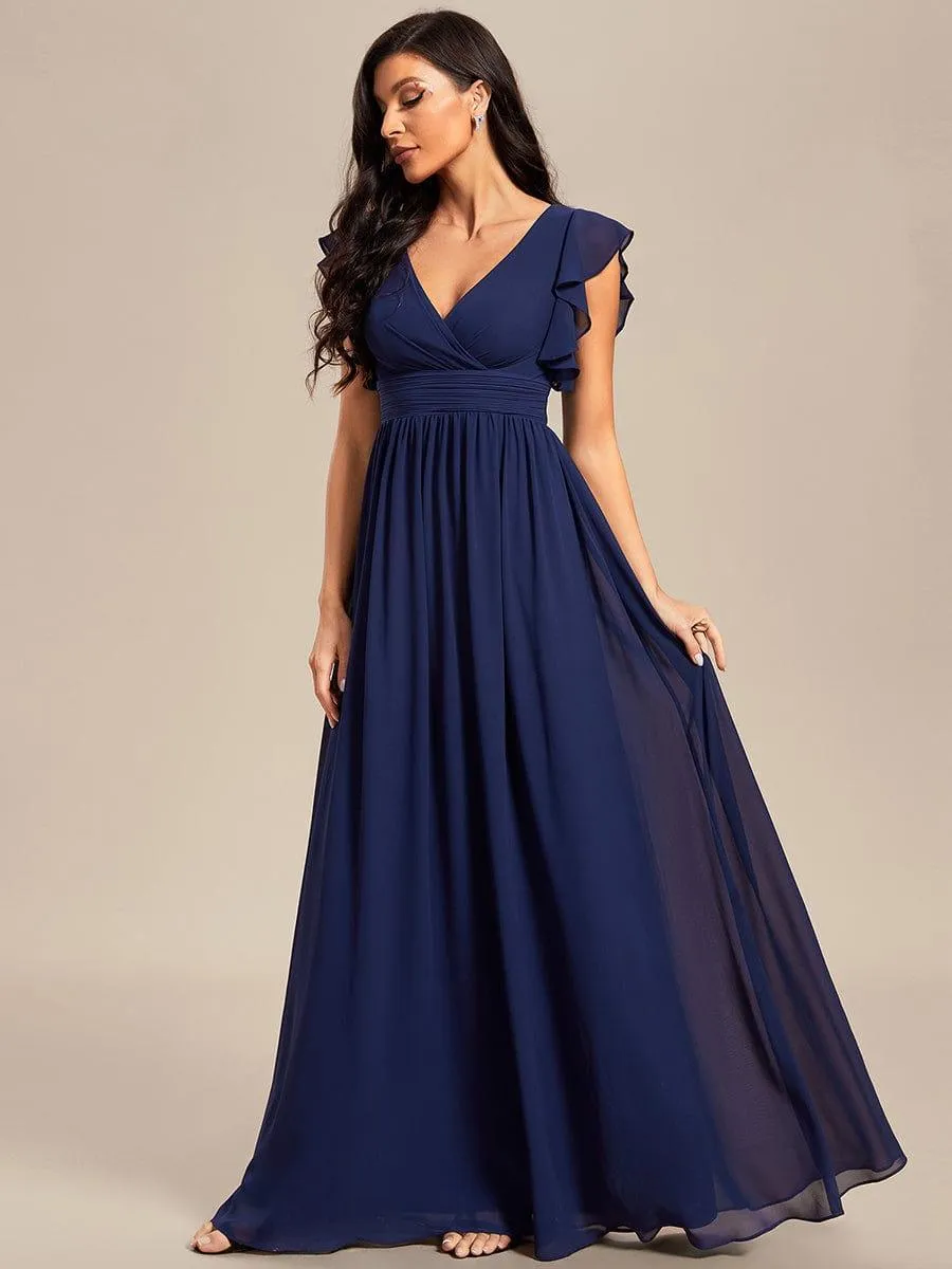 Robe demoiselle d'honneur en mousseline manches plissées avec découpe au dos