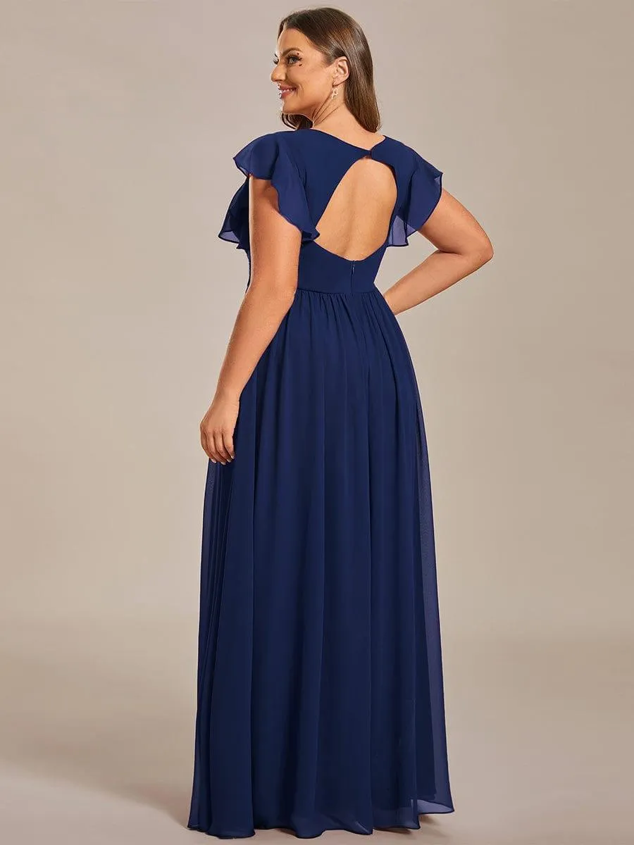 Robe demoiselle d'honneur en mousseline manches plissées avec découpe au dos