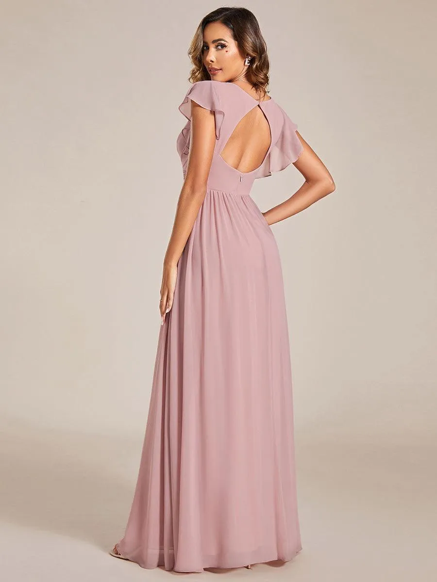 Robe demoiselle d'honneur en mousseline manches plissées avec découpe au dos