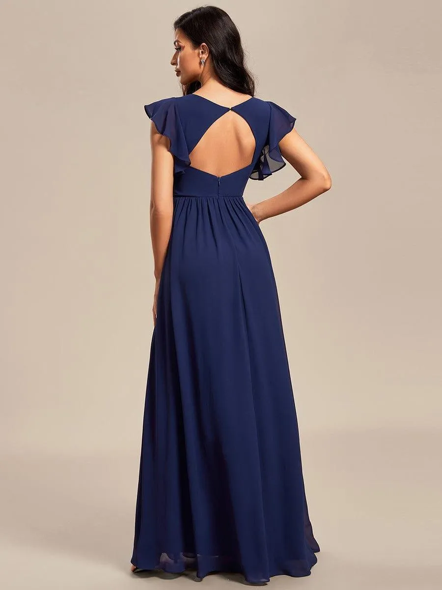 Robe demoiselle d'honneur en mousseline manches plissées avec découpe au dos