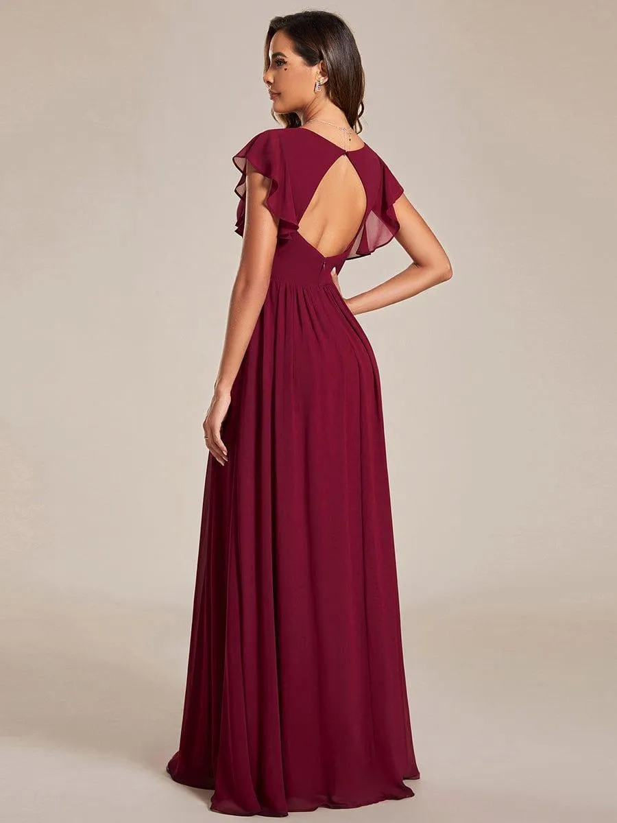Robe demoiselle d'honneur en mousseline manches plissées avec découpe au dos