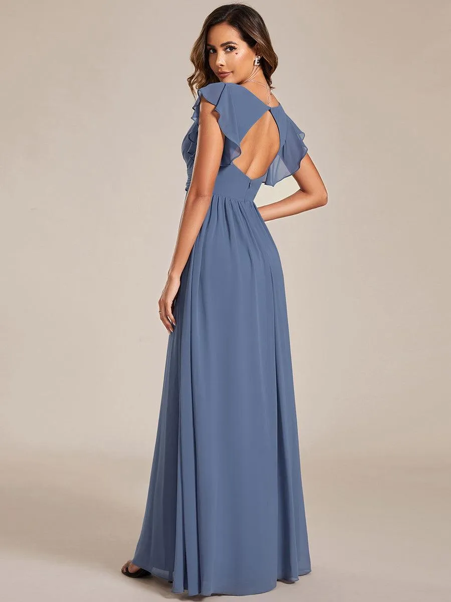 Robe demoiselle d'honneur en mousseline manches plissées avec découpe au dos