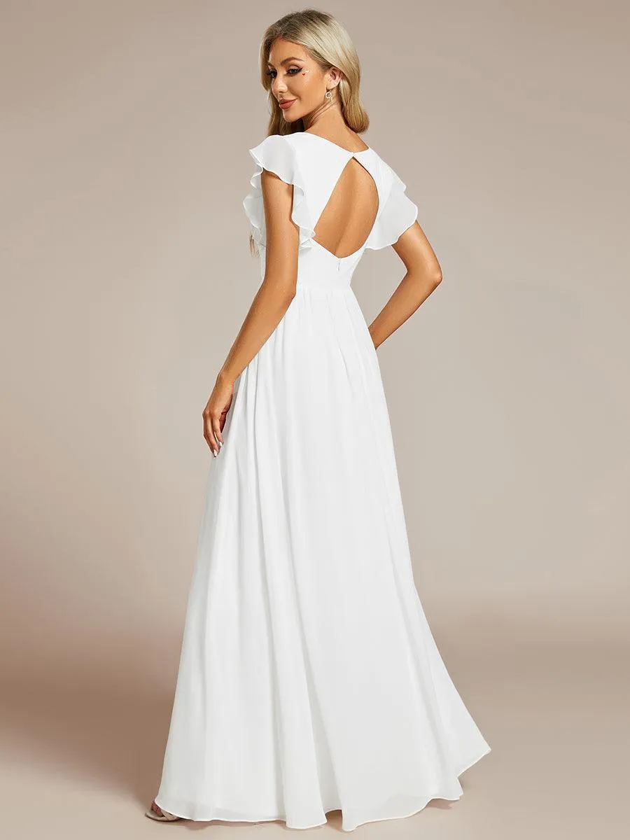 Robe demoiselle d'honneur en mousseline manches plissées avec découpe au dos