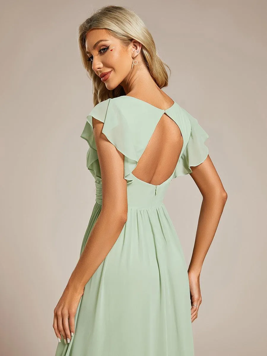Robe demoiselle d'honneur en mousseline manches plissées avec découpe au dos
