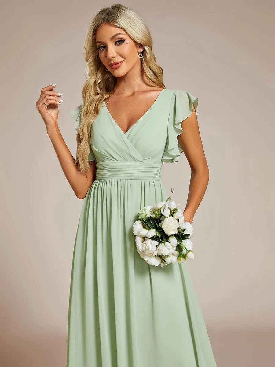 Robe demoiselle d'honneur en mousseline manches plissées avec découpe au dos