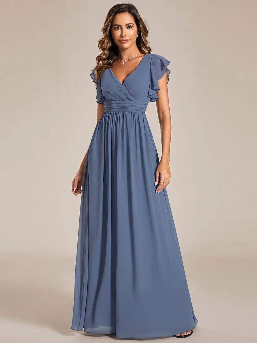 Robe demoiselle d'honneur en mousseline manches plissées avec découpe au dos