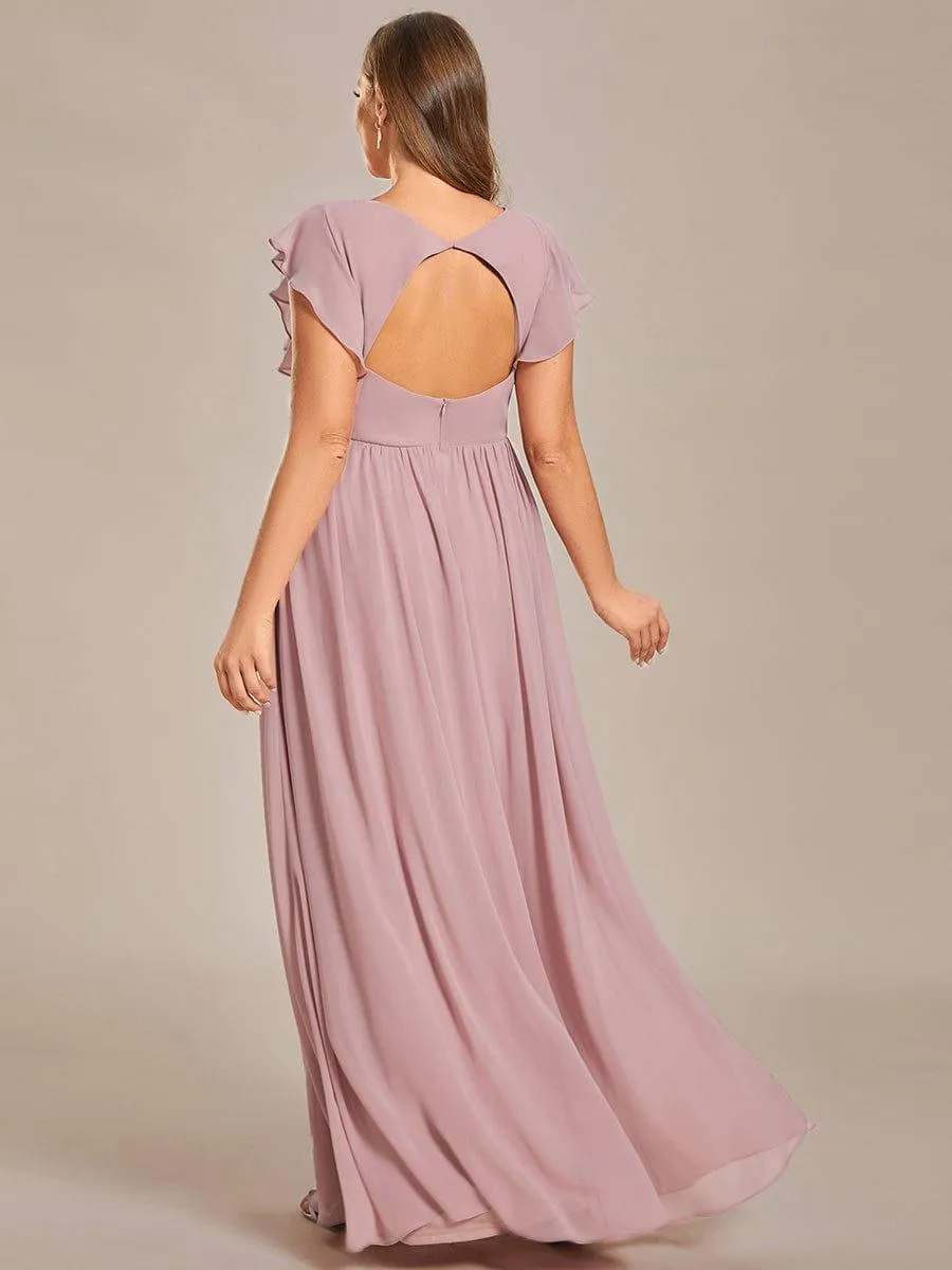 Robe demoiselle d'honneur en mousseline manches plissées avec découpe au dos