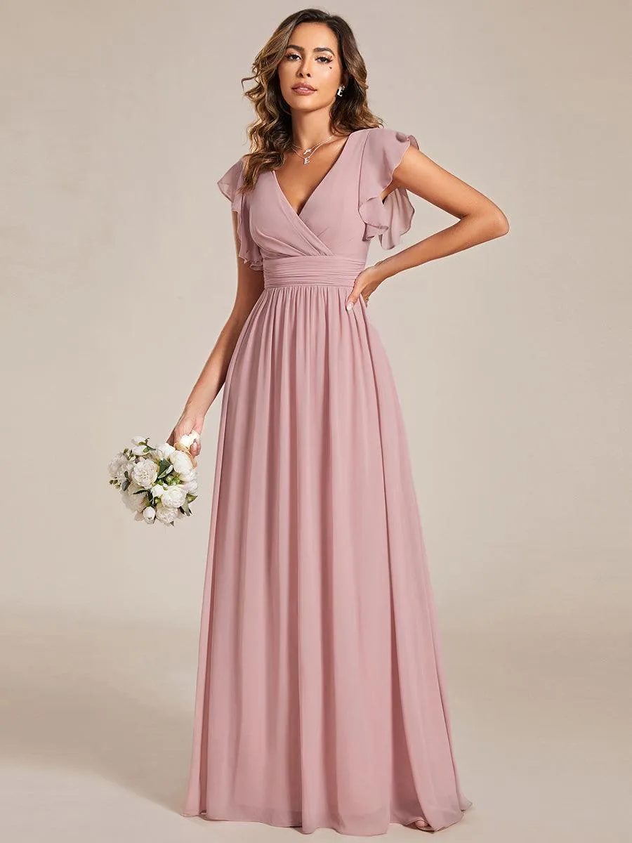 Robe demoiselle d'honneur en mousseline manches plissées avec découpe au dos