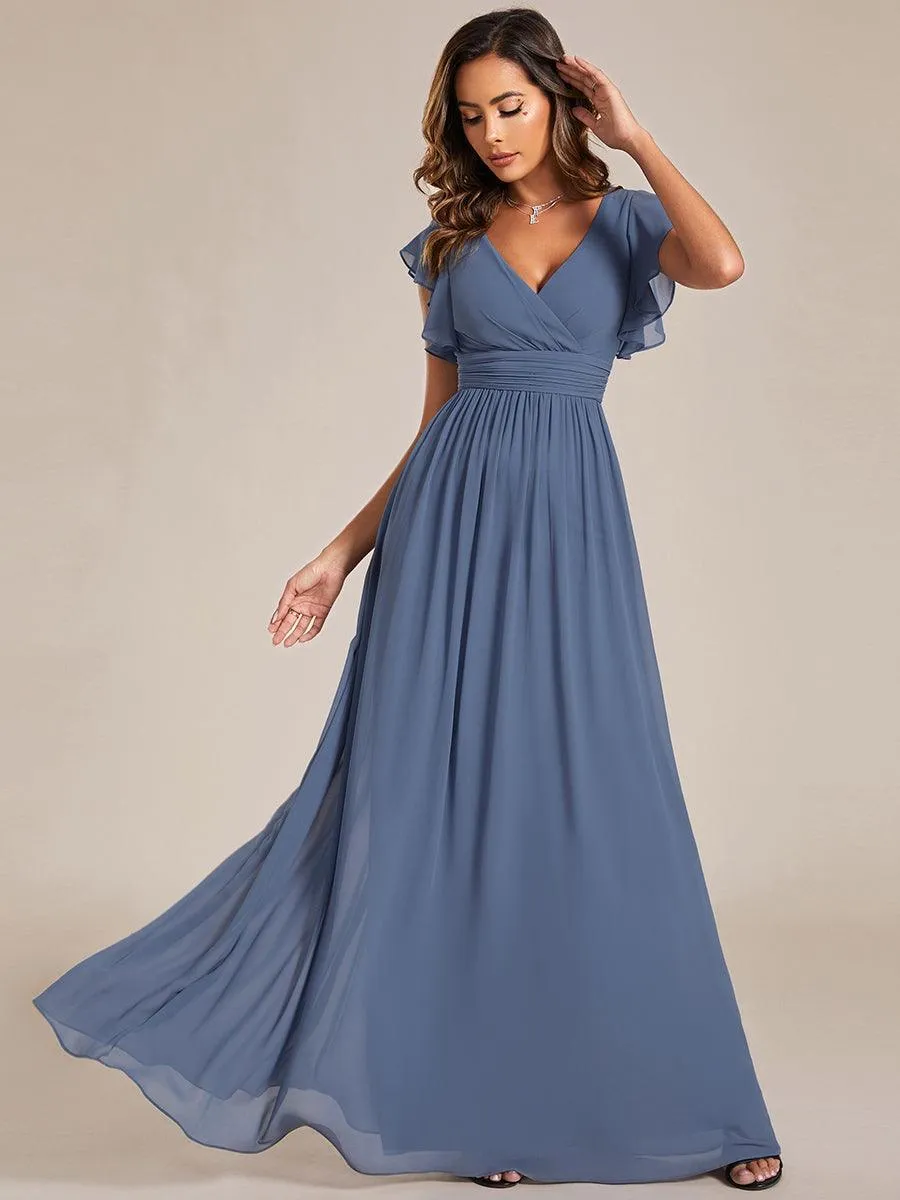 Robe demoiselle d'honneur en mousseline manches plissées avec découpe au dos