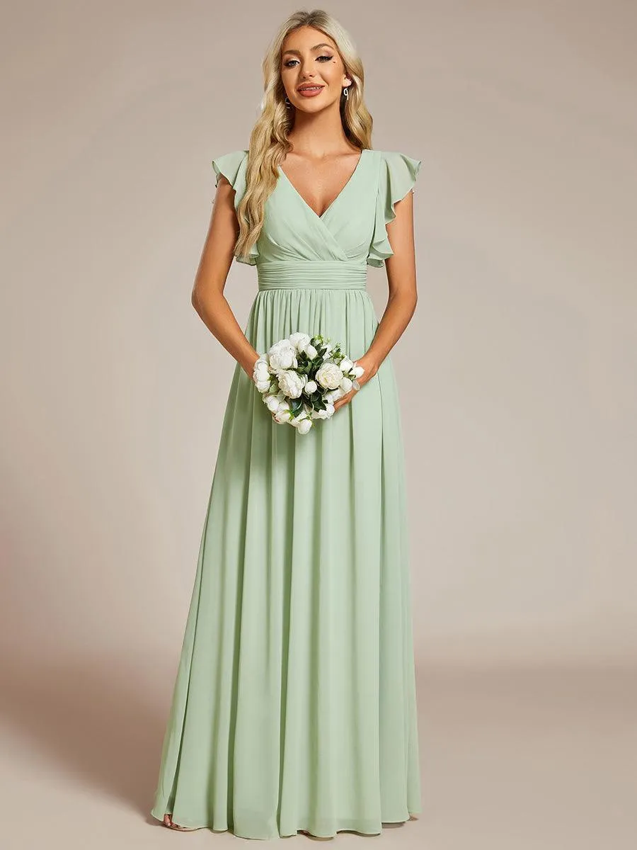 Robe demoiselle d'honneur en mousseline manches plissées avec découpe au dos