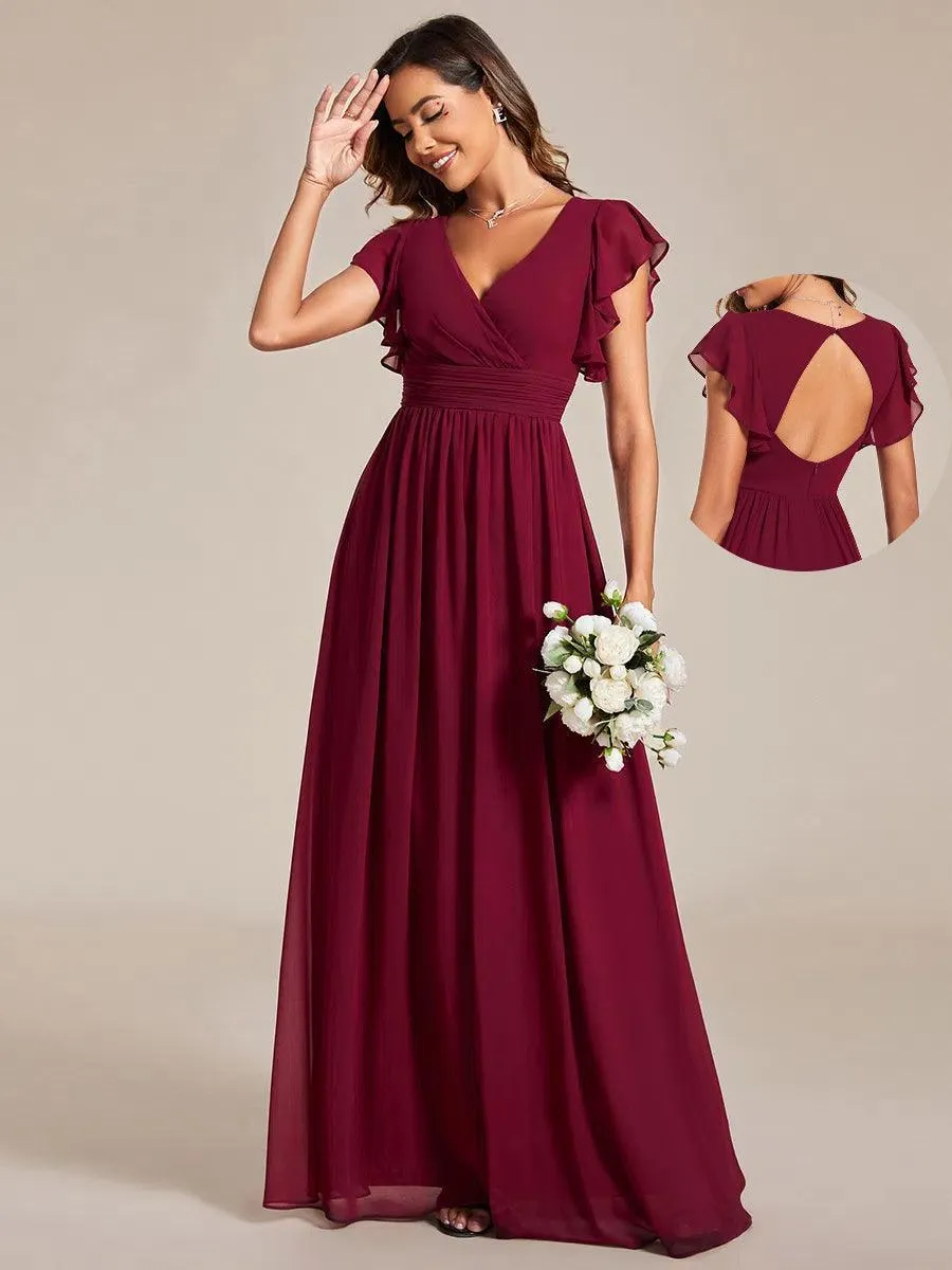Robe demoiselle d'honneur en mousseline manches plissées avec découpe au dos