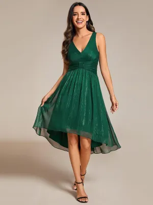 Robe d'invité de mariage plissée sans manches à taille haute et basse à paillettes(Vente finale)