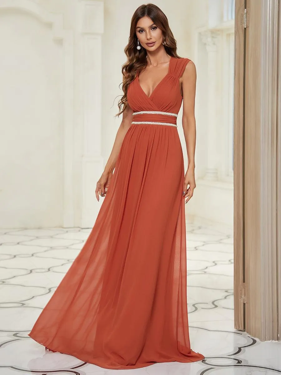 Robe longue de demoiselle d'honneur froncée à col en V