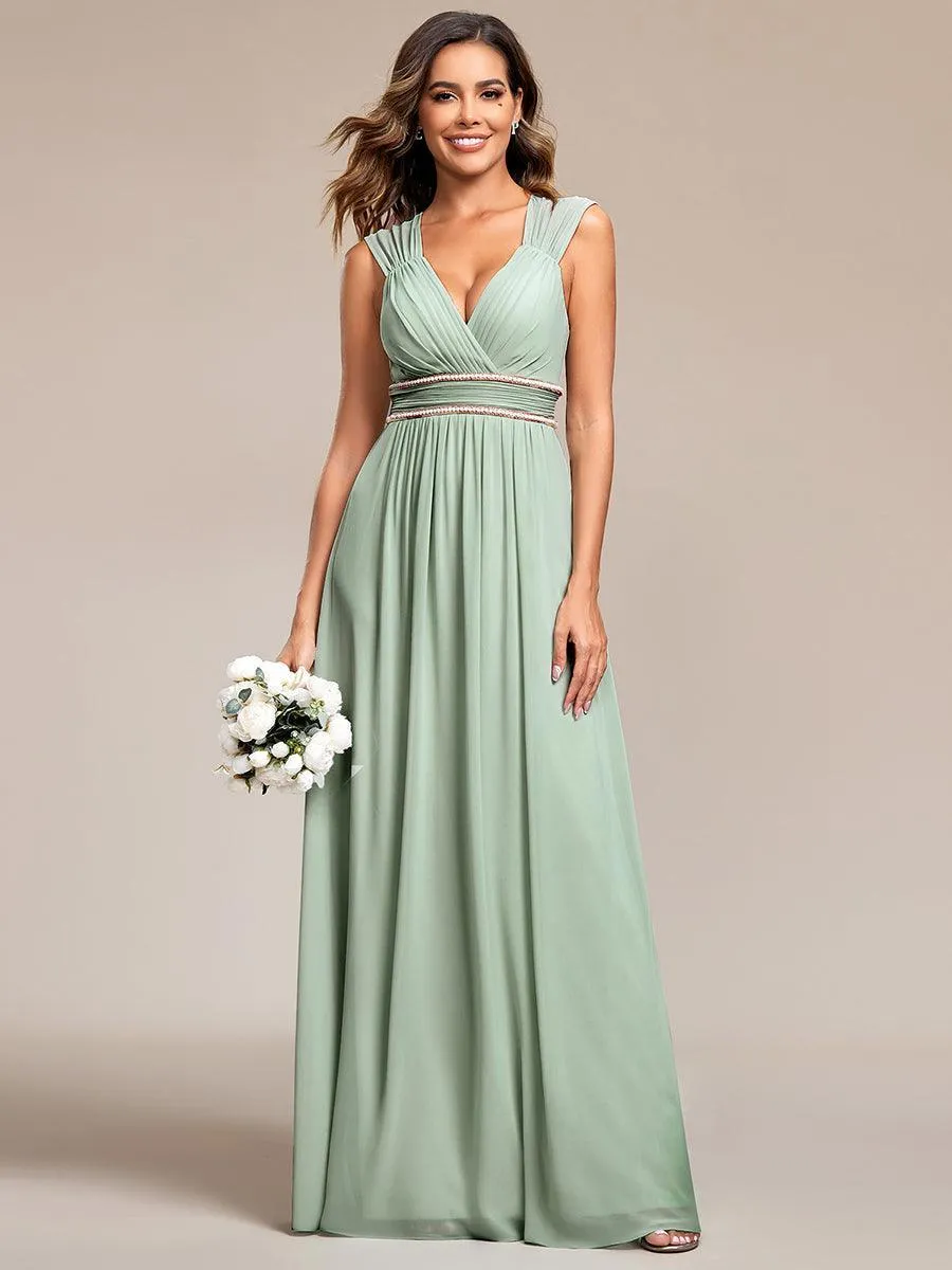 Robe longue de demoiselle d'honneur froncée à col en V