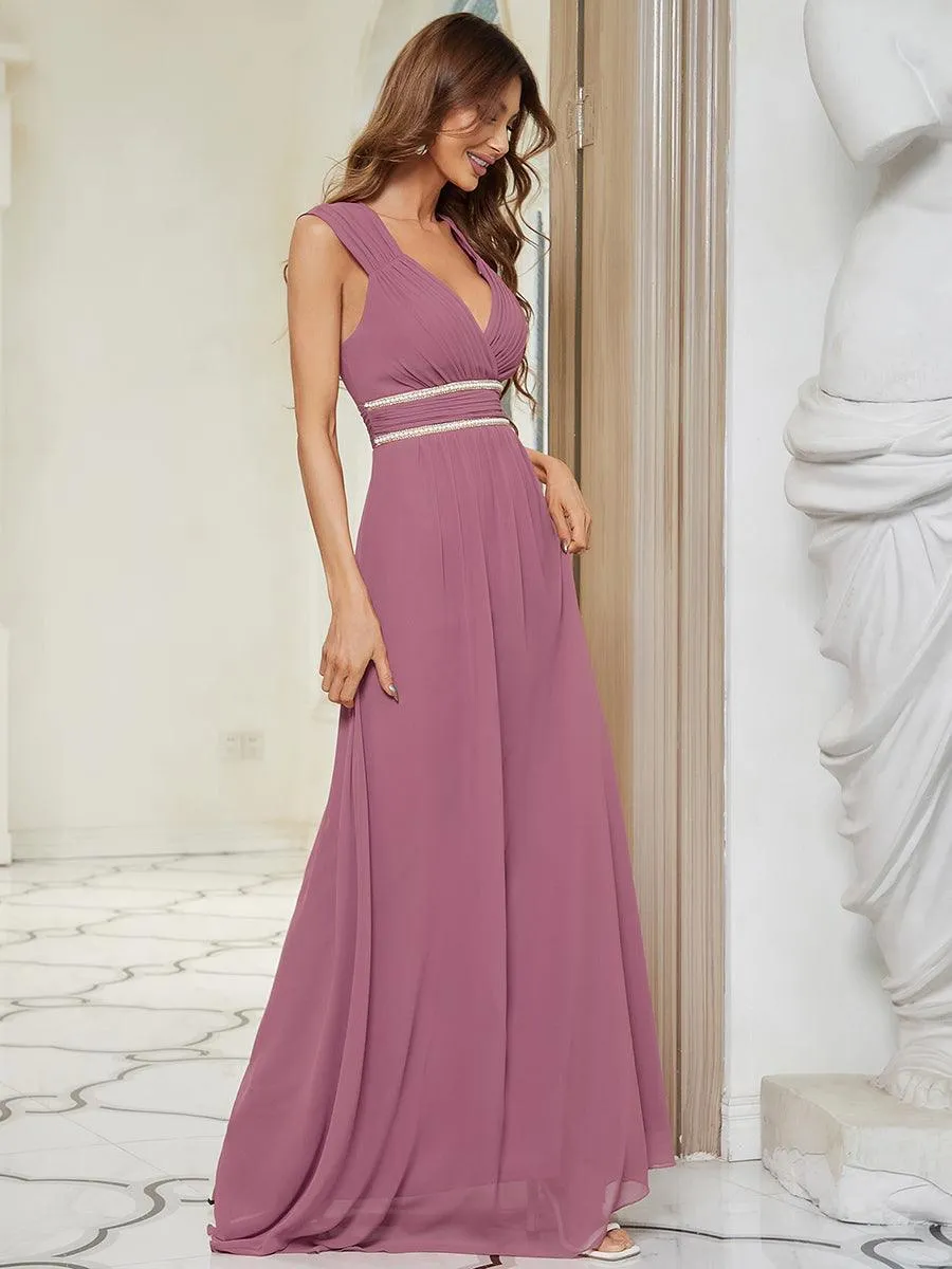 Robe longue de demoiselle d'honneur froncée à col en V