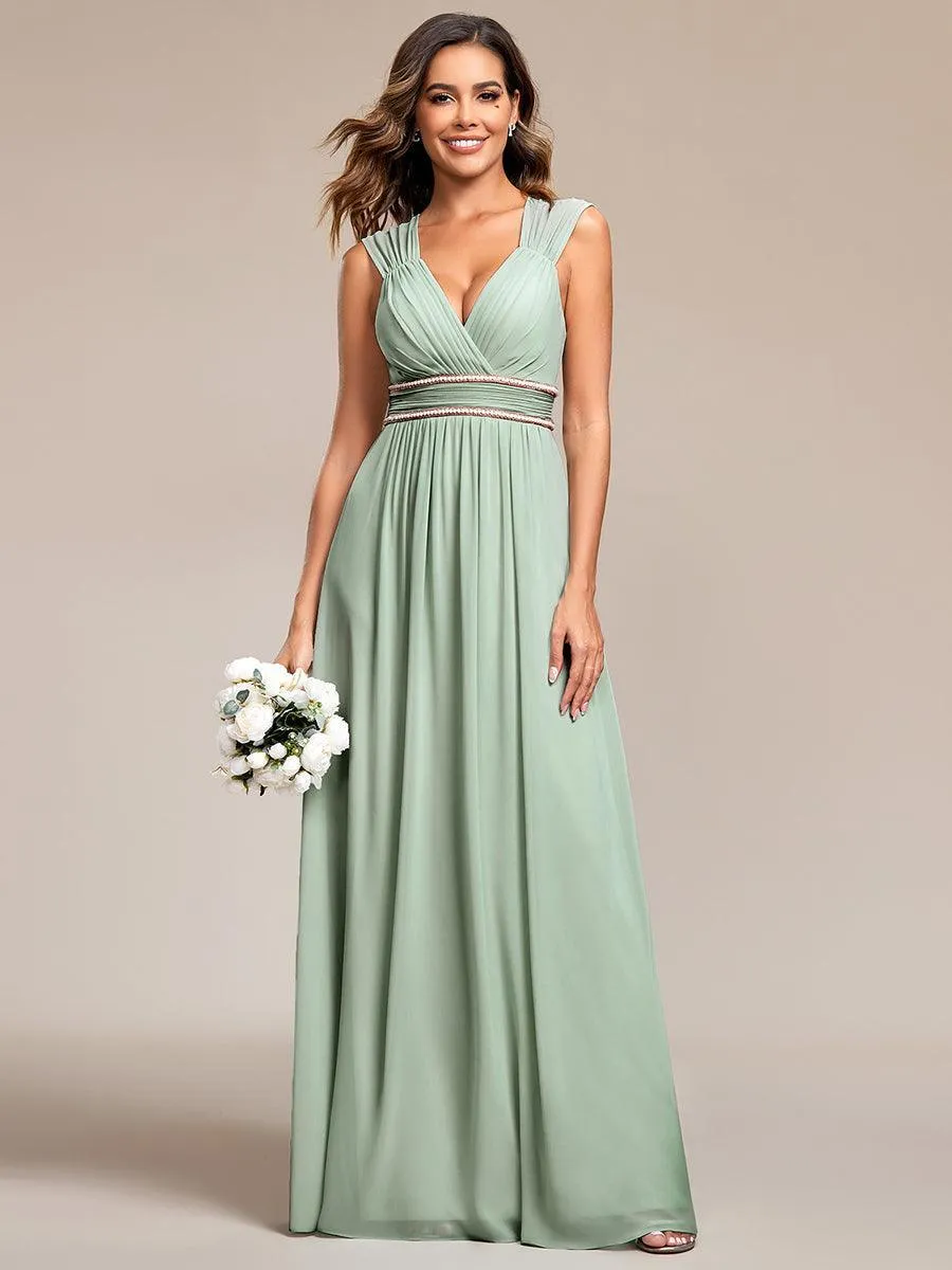 Robe longue de demoiselle d'honneur froncée à col en V