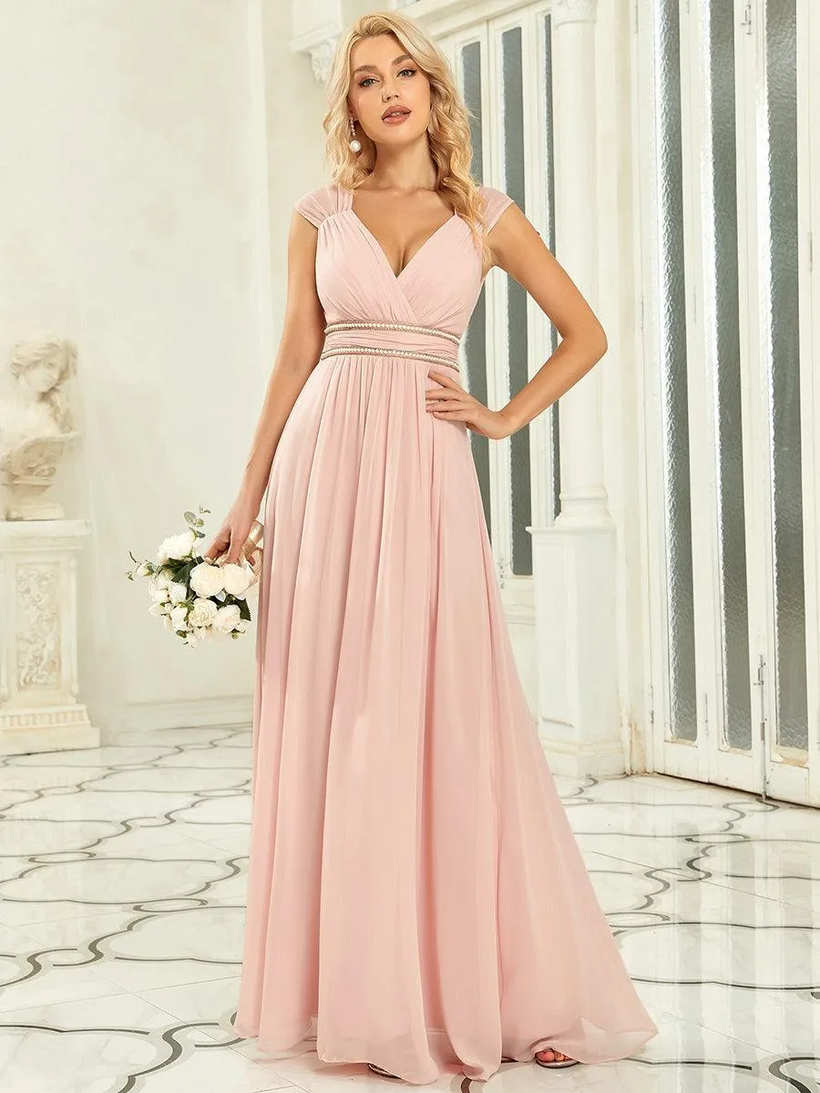 Robe longue de demoiselle d'honneur froncée à col en V