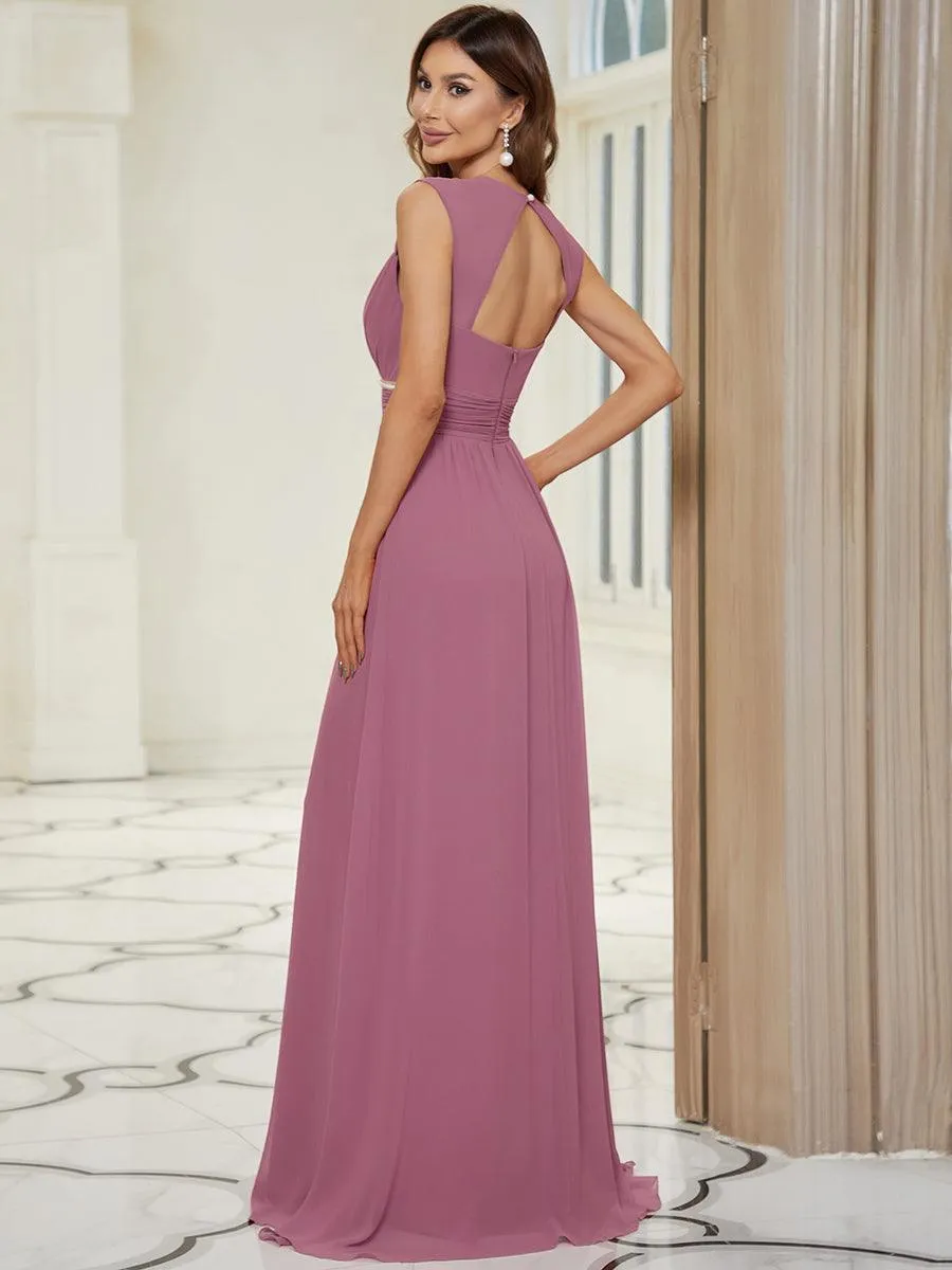 Robe longue de demoiselle d'honneur froncée à col en V