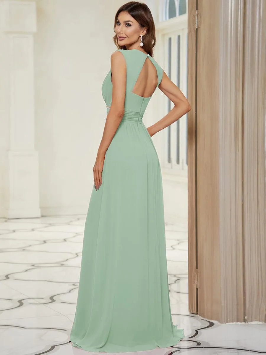 Robe longue de demoiselle d'honneur froncée à col en V