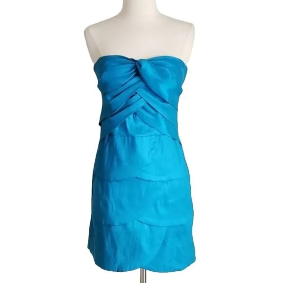 Romeo &amp; Juliet Couture Aqua Blue Satin Ruffle Strapless Mini Cocktail Dress