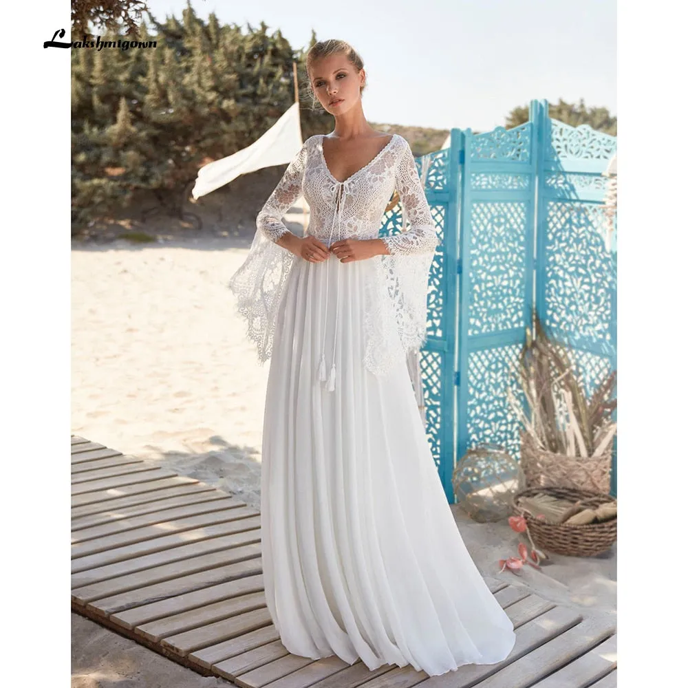 Roycebridal 2021 V Neck Lace Chiffon Bohemia Style Backless V Shape Back Wedding Dresses Flare Sleeve A Line Boho vestido para boda playa