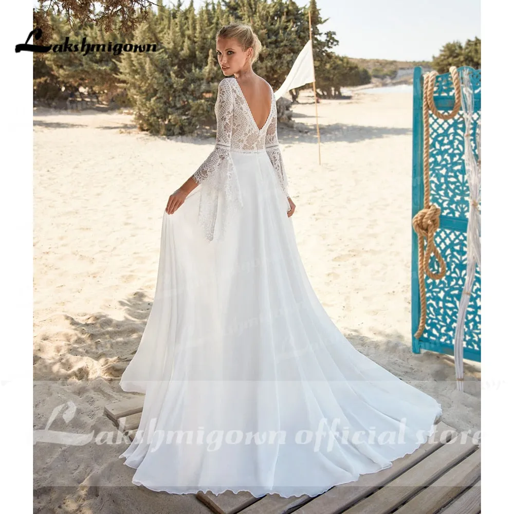 Roycebridal 2021 V Neck Lace Chiffon Bohemia Style Backless V Shape Back Wedding Dresses Flare Sleeve A Line Boho vestido para boda playa