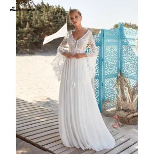Roycebridal 2021 V Neck Lace Chiffon Bohemia Style Backless V Shape Back Wedding Dresses Flare Sleeve A Line Boho vestido para boda playa