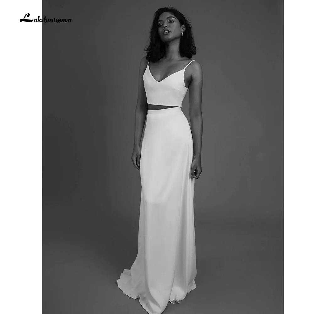 Roycebridal 2022 Simple Two Piece Wedding Dresses Beach Bridal Dresses Floor Length Satin Outfit Reception Gowns Spaghetti Straps