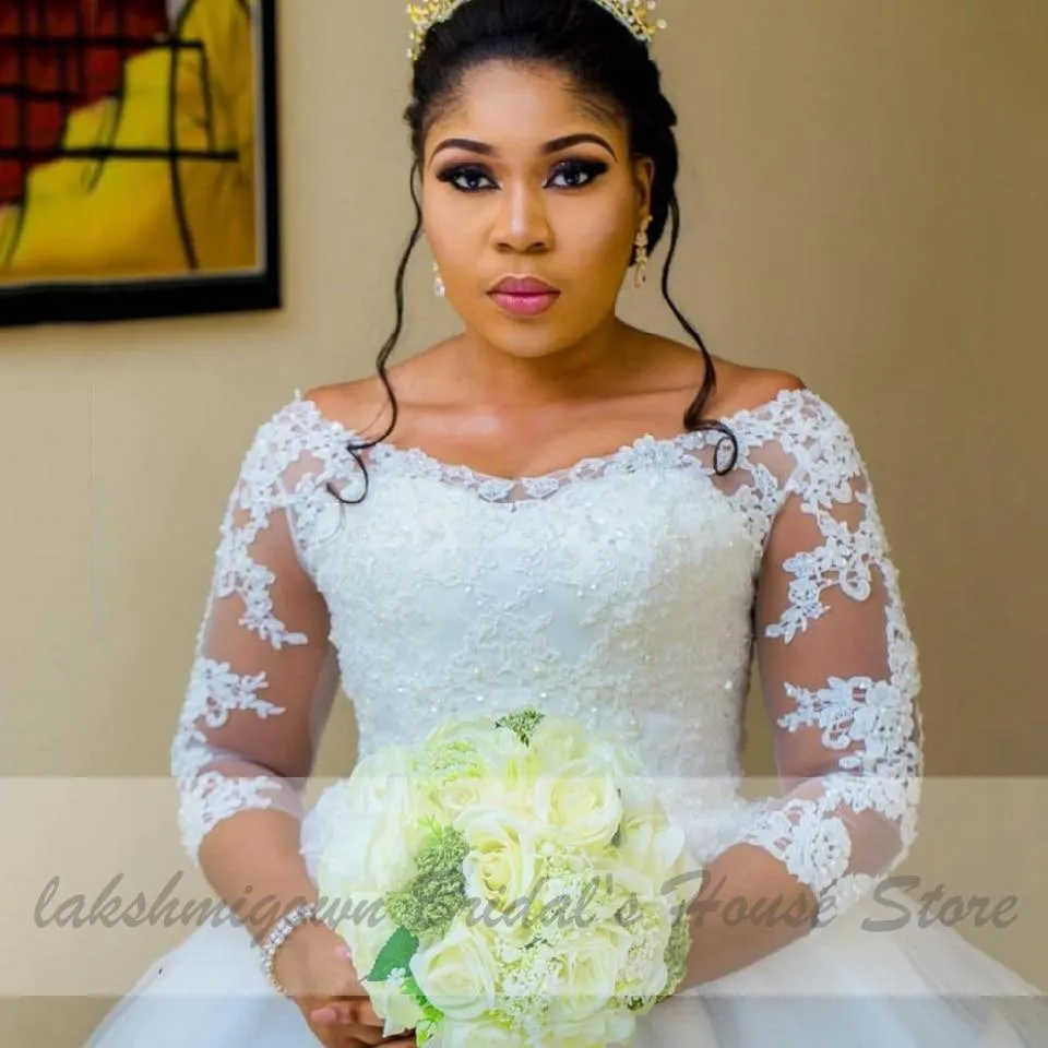 Roycebridal African White Wedding Gowns with Sleeves Plus Size Wedding Dress