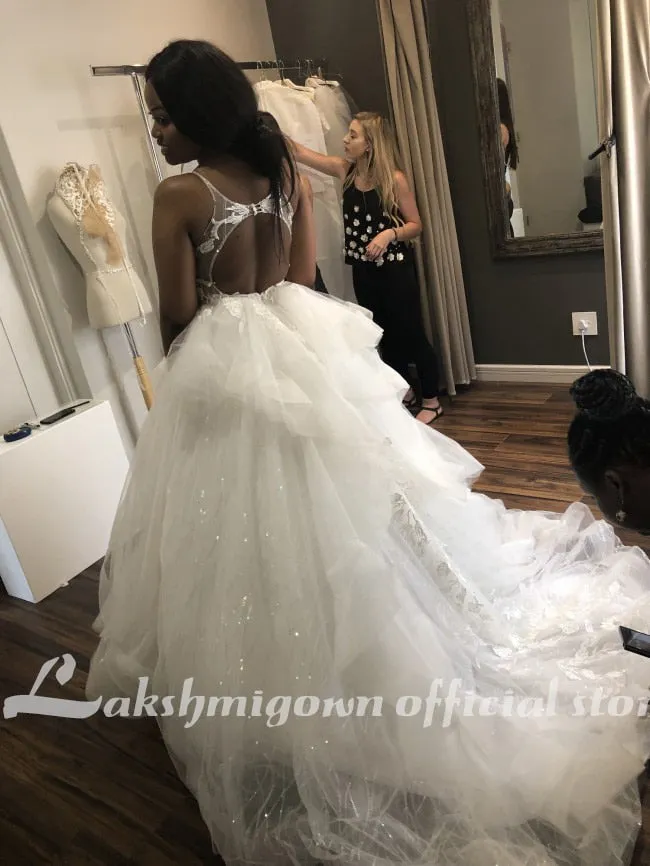 Roycebridal Champagne Floral Lace Wedding Dresses Sexy Backless Ruffles Puffy Bridal Gowns Beach Wedding Gowns Vestido De Noiva