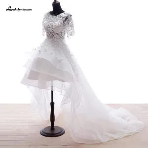 Roycebridal Floral High Low Wedding Dress 3D Flowers Bridal Gowns Short Sleeves