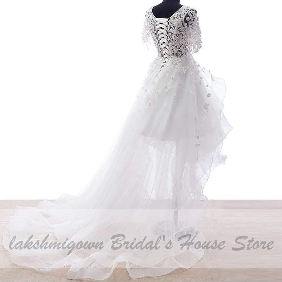 Roycebridal Floral High Low Wedding Dress 3D Flowers Bridal Gowns Short Sleeves