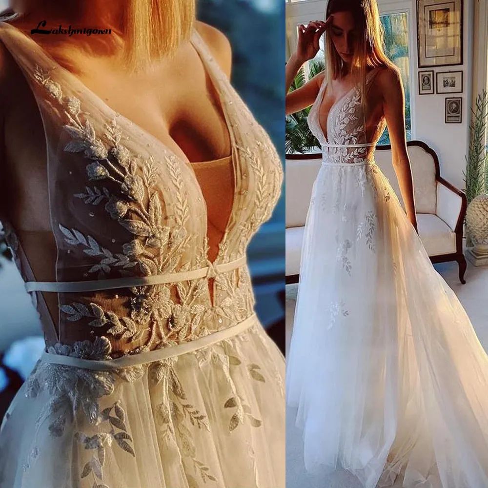 Roycebridal Ivory Lace Tulle Beading V-Neck Bridal Gowns Floor-Length A-Line Wedding Dresses Court Train Custom Made abiti da sposa